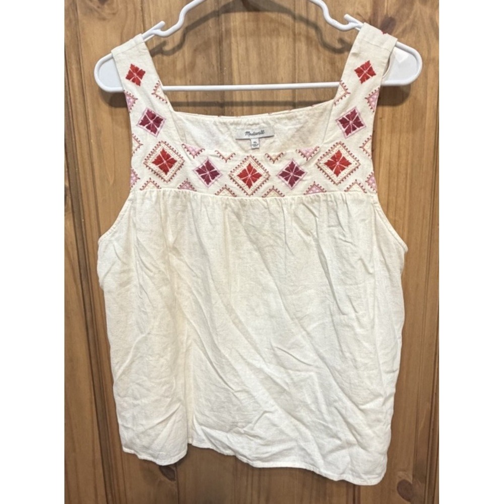 Madewell Embroidered Tank Top Women's XL Cream Red Boho Sleeveless Peasant Top